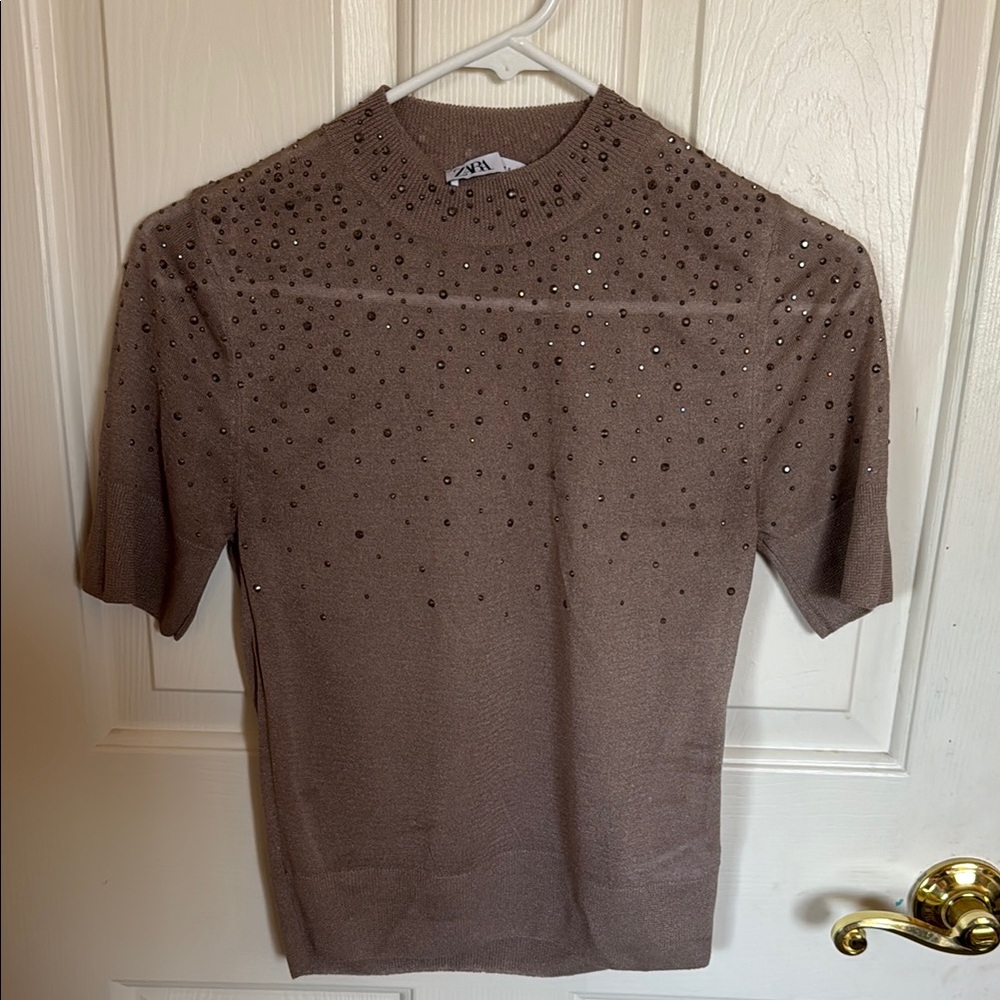 Zara Brown Short Sleeve Sweater with Rhinestones